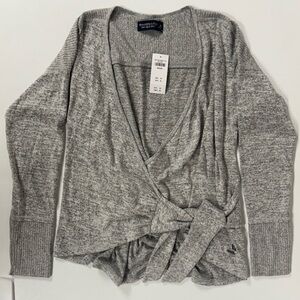 Abercrombie & Fitch Sweater Wrap Tie Gray Soft A&F Cozy Ribbed Vneck Women M NWT